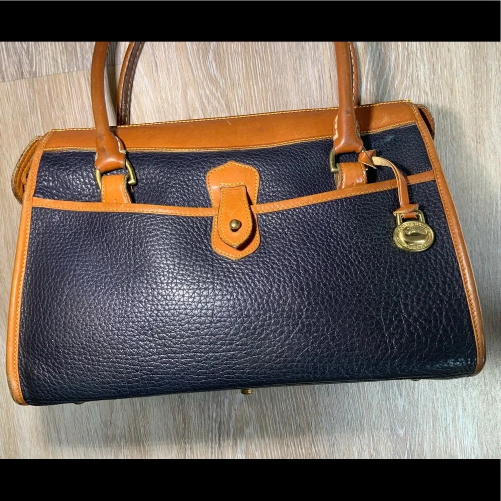 Dooney & Bourke Vintage Leather Satchel Navy Blue / Tan